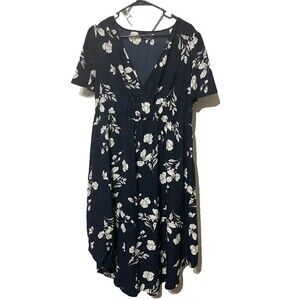 Shein Curve 1X Faux Wrap Midi Dress Navy Blue Floral Romantic Boho Whimsigoth